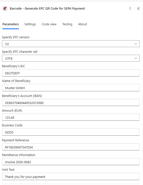 Klik untuk memperbesar Hasilkan Kode QR EPC untuk Pembayaran SEPA di Power Automate yang menampilkan Versi EPC, Kumpulan Karakter EPC, BIC Penerima, Nama Penerima, IBAN, Jumlah, Kode Bisnis, Referensi Pembayaran, Informasi Pengiriman Uang, dan Teks Petunjuk.